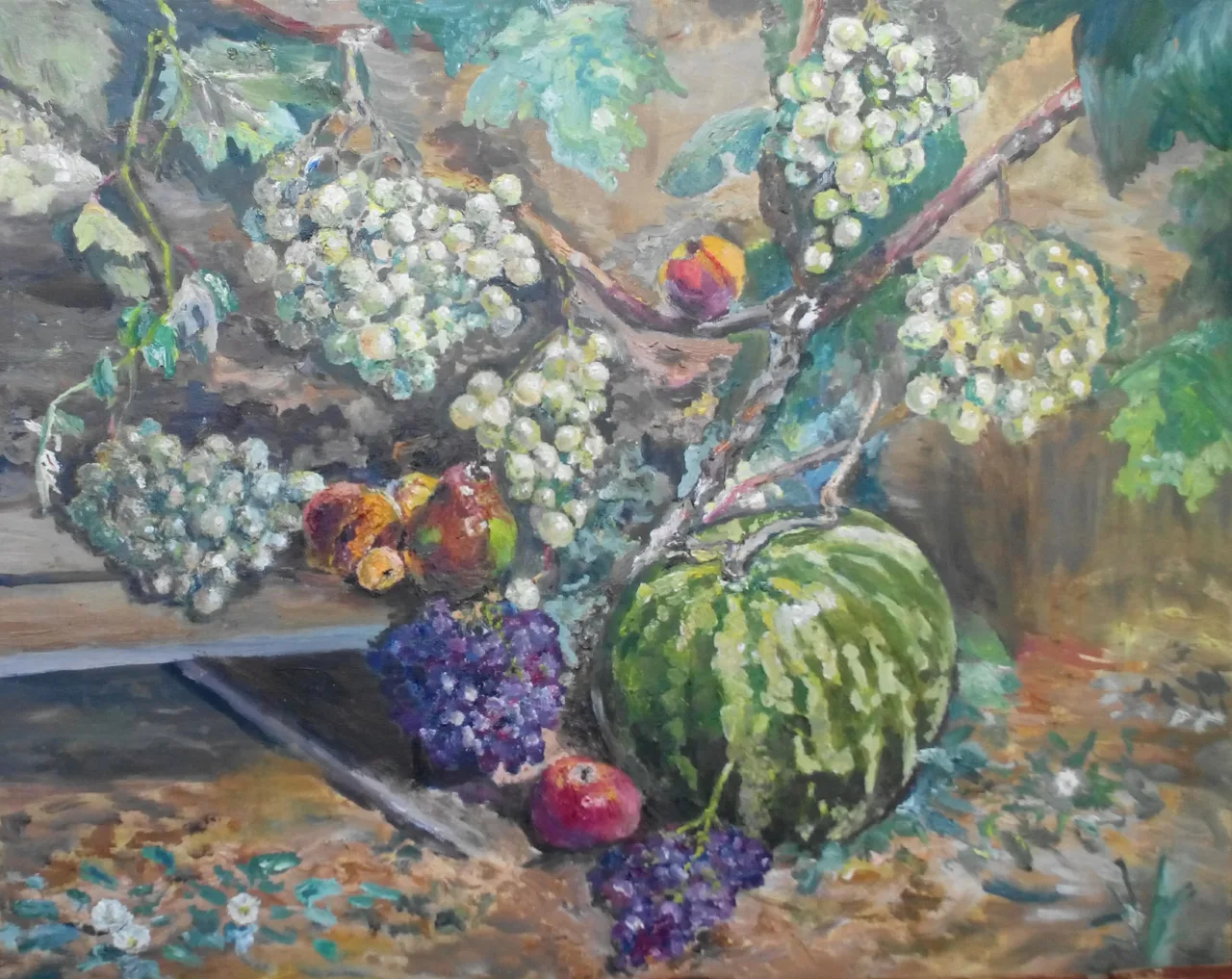 Натюрморт. Кавун під виноградним кущем.