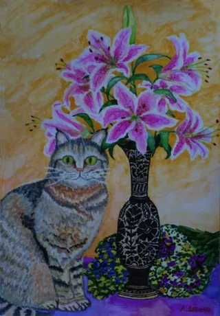 Кошка и лилии
